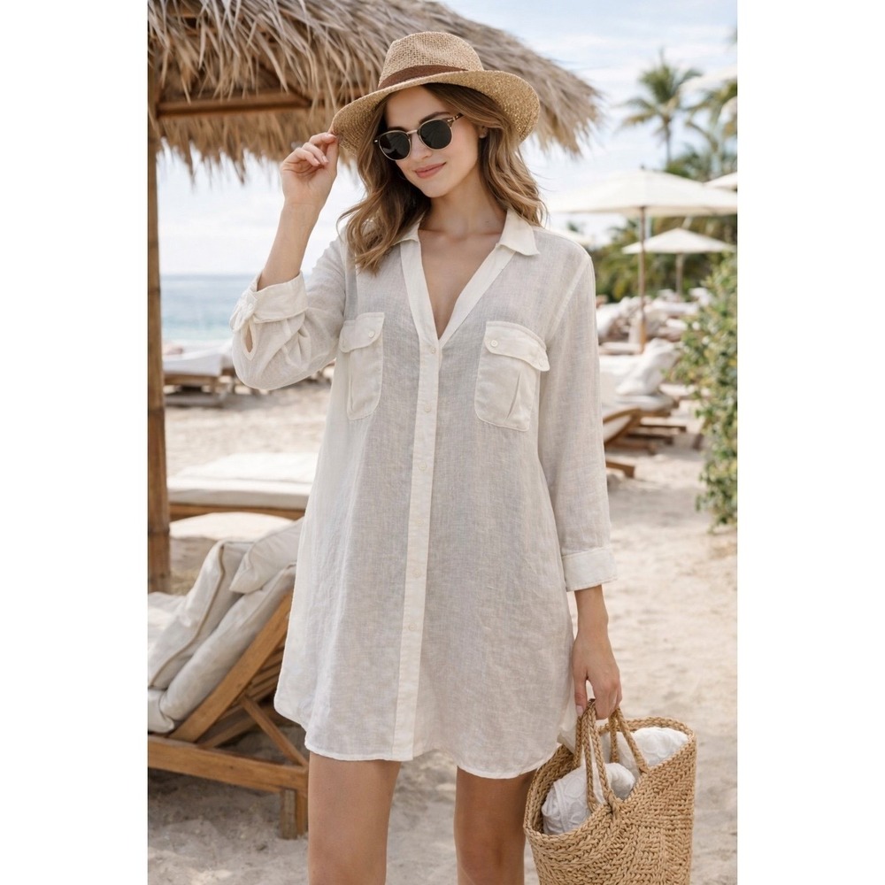 Talbots Linen Shirt Dress White Button Down Tunic Lightweight Size 18